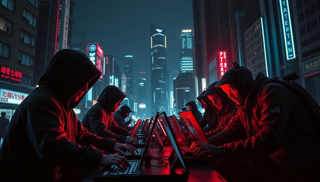 A dimly lit cyberpunk cityscape, neon-soaked streets and towering skyscrapers. In the foreground, two groups clash - on one side, hooded figures hunched over glowing screens, fingers flying across keyboards, the tools of the cybercriminal trade. Opposite them, a team of ethical hackers, faces set with determination, wielding state-of-the-art cybersecurity tech, shielding the network from malicious attacks. The clash of these two factions is captured in a dramatic wide-angle shot, the city backdrop adding a gritty, high-tech atmosphere to the confrontation. Dramatic shadows and strategic lighting emphasize the tension and high stakes of the digital battle unfolding.