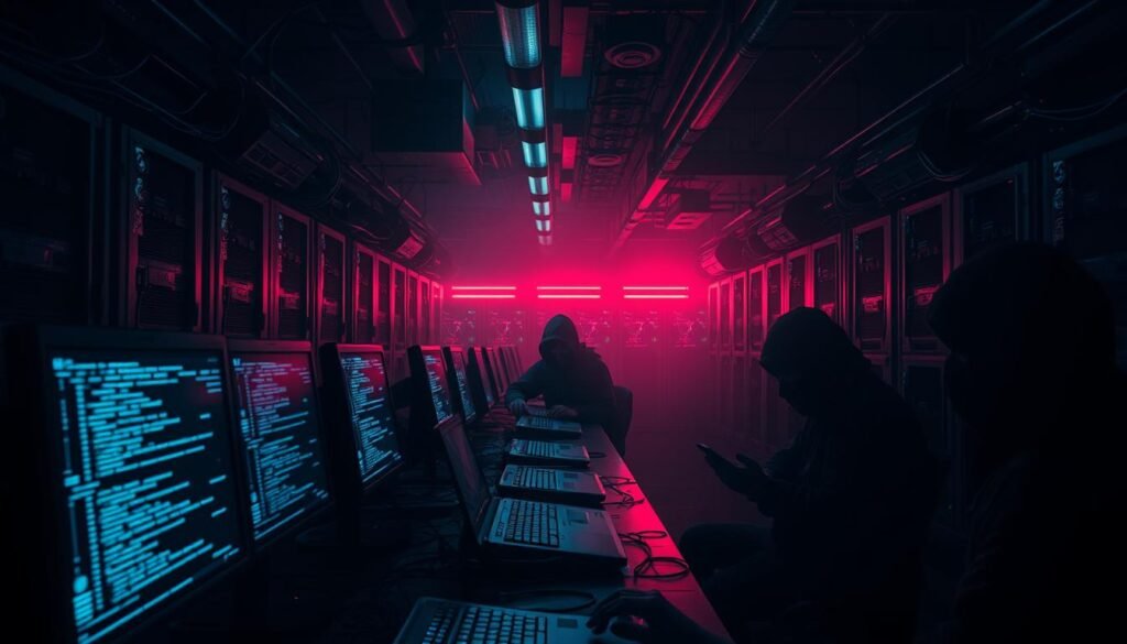 A dimly lit, cyberpunk-esque hacker forum set in a shadowy, neon-tinged underground. In the foreground, a series of holographic computer terminals with lines of code flickering across the screens. In the middle ground, anonymous figures hunched over their keyboards, their faces obscured by hoods and masks. The background is a maze of servers and cables, casting an eerie glow over the scene. The atmosphere is tense, secretive, and electric, evoking the clandestine nature of the dark web.