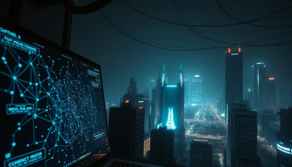 A dimly lit, cyberpunk-inspired scene depicting the harsh realities of modern web tracking and attacks. In the foreground, a sleek, low-angle view of a computer screen displays a complex web of interconnected nodes and data flows, representing the intricate surveillance and profiling networks that track users' online activities. The middle ground features a glowing, holographic-like visualization of data packets being exchanged, symbolizing the invisible yet omnipresent nature of these tracking mechanisms. In the background, a hazy, neon-tinged cityscape sets the tone, with towering skyscrapers and a network of cables and wires weaving through the urban landscape, creating a sense of an overwhelming, all-encompassing technological landscape. The lighting is dramatic, with sharp contrasts and a moody, unsettling atmosphere, emphasizing the gravity and pervasiveness of the issue.