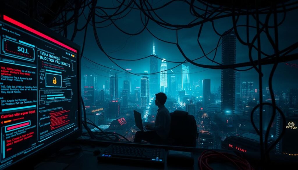 A dimly lit cyberpunk-inspired scene depicting web application vulnerabilities. In the foreground, a stylized, glitching computer interface with various icons and symbols representing security threats like SQL injection, cross-site scripting, and unsanitized user inputs. The middle ground features a tangled web of data streams, firewalls, and network infrastructure, hinting at the complex landscape of modern web applications. In the background, a cityscape of towering, neon-lit skyscrapers casts an ominous glow, conveying the scale and urgency of addressing these vulnerabilities. The lighting is dramatic, with deep shadows and harsh highlights, creating a sense of tension and unease. The overall aesthetic is one of technological sophistication and impending danger.
