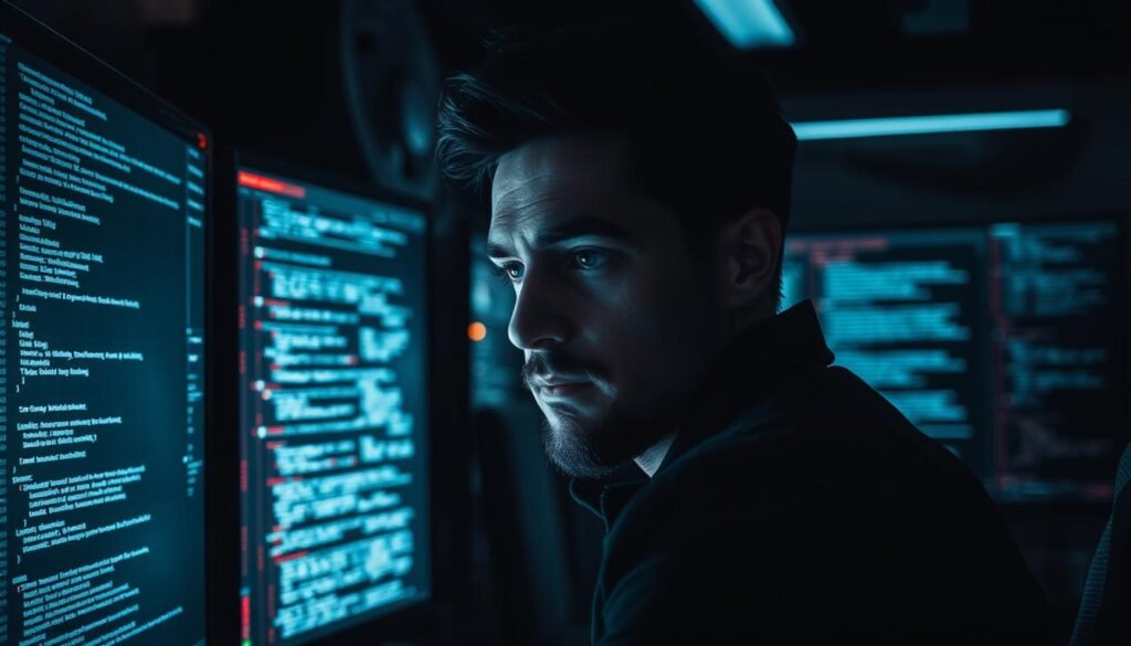 A dimly lit cybersecurity command center, the glow of multiple screens casting shadows across the face of a focused analyst. On the screens, lines of code and intricate data visualizations reveal the hidden patterns of a stealthy malware infection. The analyst, their expression a mixture of determination and concentration, navigates through layers of deceptive camouflage, hunting for the elusive malicious traces in system memory. The room is charged with a sense of urgency, as the analyst races against time to uncover the true nature of the threat and safeguard the network. Dramatic chiaroscuro lighting, high-contrast shadows, and a moody, tense atmosphere convey the gravity of the situation. A dimly lit cybersecurity command center, the glow of multiple screens casting shadows across the face of a focused analyst. On the screens, lines of code and intricate data visualizations reveal the hidden patterns of a stealthy malware infection. The analyst, their expression a mixture of determination and concentration, navigates through layers of deceptive camouflage, hunting for the elusive malicious traces in system memory. The room is charged with a sense of urgency, as the analyst races against time to uncover the true nature of the threat and safeguard the network. Dramatic chiaroscuro lighting, high-contrast shadows, and a moody, tense atmosphere convey the gravity of the situation.