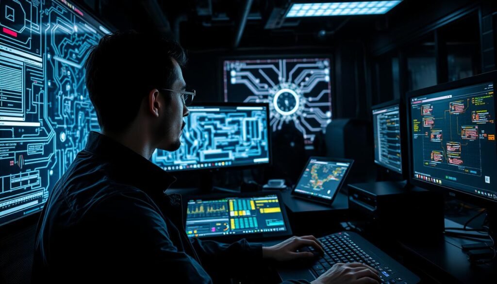 A dimly lit cybersecurity command center, with a sleek, high-tech interface displaying a complex network of interconnected nodes and data streams. In the foreground, a skilled cybersecurity professional intently monitors multiple screens, their face illuminated by the glow of the displays. The middle ground features various security tools and equipment, including a state-of-the-art workstation, advanced monitoring software, and a tactile keyboard. The background showcases a shadowy, industrial-style setting, hinting at the high-stakes, high-pressure nature of the field. The overall atmosphere conveys a sense of focus, determination, and the constant vigilance required to safeguard digital assets in the ever-evolving landscape of cybersecurity. A dimly lit cybersecurity command center, with a sleek, high-tech interface displaying a complex network of interconnected nodes and data streams. In the foreground, a skilled cybersecurity professional intently monitors multiple screens, their face illuminated by the glow of the displays. The middle ground features various security tools and equipment, including a state-of-the-art workstation, advanced monitoring software, and a tactile keyboard. The background showcases a shadowy, industrial-style setting, hinting at the high-stakes, high-pressure nature of the field. The overall atmosphere conveys a sense of focus, determination, and the constant vigilance required to safeguard digital assets in the ever-evolving landscape of cybersecurity.