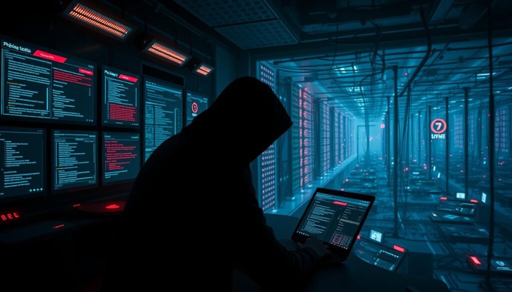 A dimly lit cybersecurity control center, with glowing screens and ominous data visualizations. In the foreground, a shadowy figure hunched over a laptop, lines of code and phishing tactics displayed. Ominous red warning lights flash, creating an atmosphere of heightened tension and danger. The middle ground features a maze of wires, cables, and servers, symbolizing the complexity and interconnectedness of modern digital threats. In the background, a sprawling network of hacked devices and compromised systems, representing the scale and reach of phishing attacks. Dramatic, moody lighting casts dramatic shadows, heightening the sense of foreboding and the gravity of the cybersecurity challenges faced. A dimly lit cybersecurity control center, with glowing screens and ominous data visualizations. In the foreground, a shadowy figure hunched over a laptop, lines of code and phishing tactics displayed. Ominous red warning lights flash, creating an atmosphere of heightened tension and danger. The middle ground features a maze of wires, cables, and servers, symbolizing the complexity and interconnectedness of modern digital threats. In the background, a sprawling network of hacked devices and compromised systems, representing the scale and reach of phishing attacks. Dramatic, moody lighting casts dramatic shadows, heightening the sense of foreboding and the gravity of the cybersecurity challenges faced.