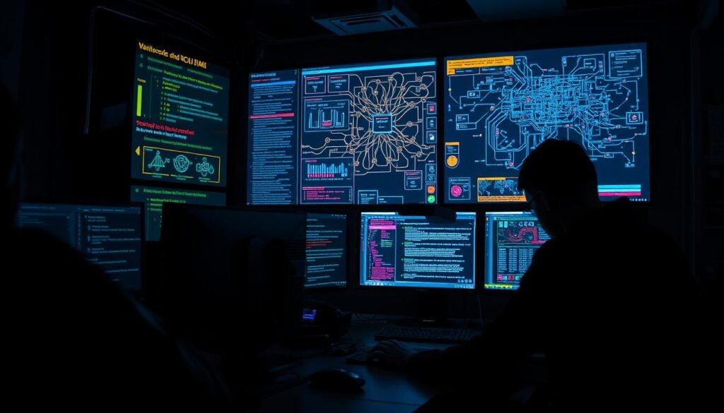 A dimly lit cybersecurity control room, the glow of multiple screens casting an eerie light. On the main display, a complex network topology with flashing alerts and anomalies. Security analysts, brows furrowed, sift through a sea of data, searching for the elusive signs of a sophisticated cyber threat. The room is charged with tension, the weight of the challenge palpable. Shadows creep in the corners, symbolizing the hidden dangers that lurk within the digital landscape. The scene conveys the sense of a high-stakes game, where the defenders must outwit the cunning adversaries to protect the organization from harm.
