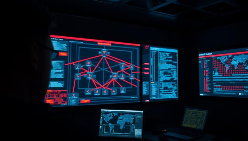 A dimly lit cybersecurity control room, with multiple large displays showing a complex attack chain visualization. In the foreground, a security analyst intently monitors the unfolding threats, their face illuminated by the glow of the screens. The middle ground features a network topology diagram, with red arrows tracing the progression of a multi-stage attack. In the background, a wall-mounted screen displays a real-time threat intelligence feed, highlighting the latest vulnerabilities and IOCs. The scene conveys a sense of vigilance and urgency, as the security team works to stay one step ahead of the evolving threat landscape.