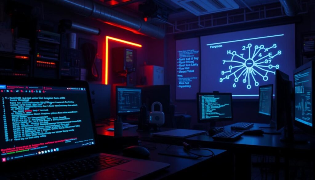A dimly lit cybersecurity lab, the glow of computer screens casting an eerie light. In the foreground, a laptop screen displays a complex algorithm, simulating the intricate workings of a ransomware attack. The middle ground showcases a variety of hacking tools and security software, hinting at the importance of understanding and preparing for such threats. In the background, a projection screen displays a network diagram, highlighting the interconnected nature of modern systems and the need for comprehensive defense strategies. The overall atmosphere conveys a sense of urgency and the weight of the subject matter, emphasizing the vital role of ransomware simulation in safeguarding critical infrastructure.