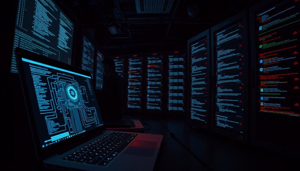 A dimly lit cybersecurity lab, the glow of computer screens illuminating the faces of analysts as they sift through vast, labyrinthine databases of stolen passwords and account credentials. In the foreground, a sleek, black laptop displays a detailed schematic of an infostealer malware program, its tendrils reaching out to siphon sensitive data. The middle ground reveals a network of interconnected servers, their screens flickering with lines of code and cryptic error messages. In the background, towering server racks cast long shadows, hinting at the scale and complexity of this illicit digital ecosystem. The atmosphere is tense, with a palpable sense of urgency as the team works to unravel the scope and impact of the historic data breach.