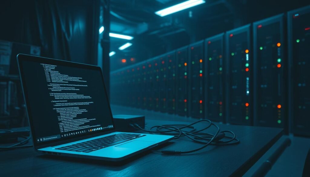 A dimly lit cybersecurity laboratory, with a high-contrast, gritty aesthetic. In the foreground, a sleek, modern laptop displays a terminal window filled with lines of code, the glow of the screen casting a soft, eerie light across the workspace. In the middle ground, a network switch and various cables snake across the desk, hinting at the complex infrastructure being probed. In the background, rows of server racks stand tall, their blinking lights suggesting the vast scale of the digital landscape being explored. The scene is bathed in a cool, bluish tone, evoking a sense of precision and technical prowess as the automated vulnerability scanning process unfolds. A dimly lit cybersecurity laboratory, with a high-contrast, gritty aesthetic. In the foreground, a sleek, modern laptop displays a terminal window filled with lines of code, the glow of the screen casting a soft, eerie light across the workspace. In the middle ground, a network switch and various cables snake across the desk, hinting at the complex infrastructure being probed. In the background, rows of server racks stand tall, their blinking lights suggesting the vast scale of the digital landscape being explored. The scene is bathed in a cool, bluish tone, evoking a sense of precision and technical prowess as the automated vulnerability scanning process unfolds.