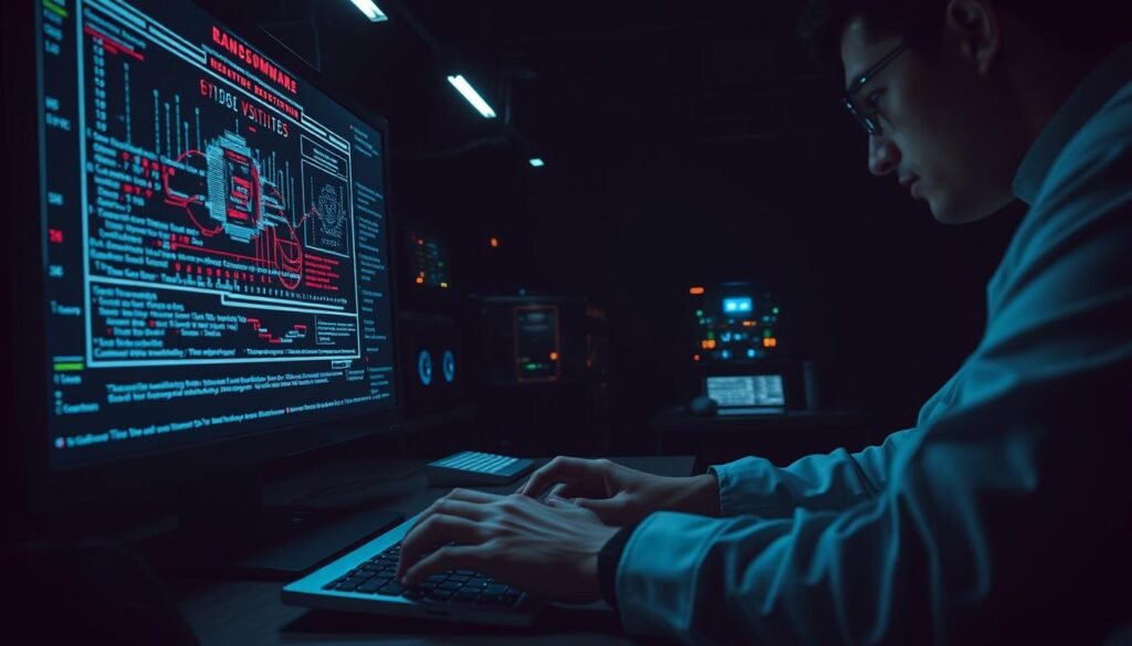 A dimly lit cybersecurity laboratory, with a large monitor displaying a complex algorithm visualizing the process of signature-based ransomware detection. In the foreground, a scientist's hands type furiously on a sleek, modern keyboard, their face illuminated by the soft glow of the screen. The middle ground features an array of advanced security equipment, blinking lights, and intricate circuitry, conveying a sense of high-tech vigilance. The background is shrouded in shadows, hinting at the looming threat of cyber attacks that the signature-based detection system aims to thwart. The scene is captured with a cinematic, high-contrast lighting that creates a dramatic, tense atmosphere, emphasizing the critical importance of this cybersecurity technology. A dimly lit cybersecurity laboratory, with a large monitor displaying a complex algorithm visualizing the process of signature-based ransomware detection. In the foreground, a scientist's hands type furiously on a sleek, modern keyboard, their face illuminated by the soft glow of the screen. The middle ground features an array of advanced security equipment, blinking lights, and intricate circuitry, conveying a sense of high-tech vigilance. The background is shrouded in shadows, hinting at the looming threat of cyber attacks that the signature-based detection system aims to thwart. The scene is captured with a cinematic, high-contrast lighting that creates a dramatic, tense atmosphere, emphasizing the critical importance of this cybersecurity technology.