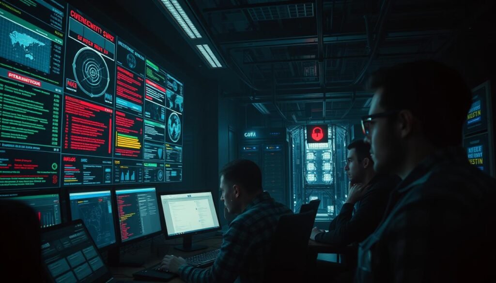A dimly lit cybersecurity operations center, with a large display wall showcasing various threat intelligence data. In the foreground, a team of analysts intently studying their screens, their expressions focused and determined. The middle ground features an array of sophisticated monitoring tools and dashboards, conveying a sense of proactive threat detection. In the background, a maze of interconnected servers and network infrastructure, casting an ominous glow across the scene. The atmosphere is tense yet focused, with a sense of urgency and a dedication to uncovering and mitigating potential cyber threats before they can cause harm.