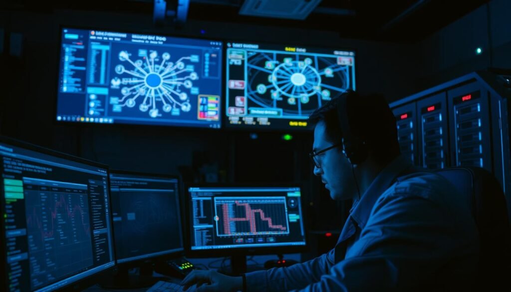 A dimly lit cybersecurity operations center, with blue-tinted monitors illuminating the faces of a team of security analysts hard at work. In the foreground, a lead engineer is intently focused on a vulnerability management dashboard, meticulously reviewing the latest patches and threat data. The middle ground features a large screen displaying a network topology diagram, its color-coded nodes and connections indicating the state of the organization's systems. In the background, a bank of servers hums quietly, their LED indicators pulsing in a rhythmic pattern. The atmosphere is tense yet focused, conveying the high-stakes nature of the Blue Team's mission to secure the network before a global exploit is unleashed. A dimly lit cybersecurity operations center, with blue-tinted monitors illuminating the faces of a team of security analysts hard at work. In the foreground, a lead engineer is intently focused on a vulnerability management dashboard, meticulously reviewing the latest patches and threat data. The middle ground features a large screen displaying a network topology diagram, its color-coded nodes and connections indicating the state of the organization's systems. In the background, a bank of servers hums quietly, their LED indicators pulsing in a rhythmic pattern. The atmosphere is tense yet focused, conveying the high-stakes nature of the Blue Team's mission to secure the network before a global exploit is unleashed.