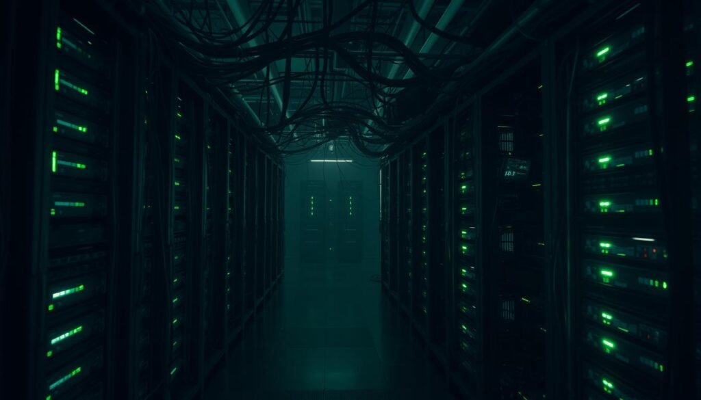 A dimly lit data center, servers and cables forming a complex web. Shadows creep across the room, exposing security flaws - open ports, outdated software, and unsecured access points. The atmosphere is tense, a sense of unease pervading the scene. Eerie green LED lights cast an ominous glow, highlighting the vulnerabilities that lie within. The camera angles shift, capturing the depth and interconnectedness of the system, while emphasizing the fragility of its security measures. This image serves as a stark warning, a visualization of the dangers that lurk within modern web applications if left unchecked.