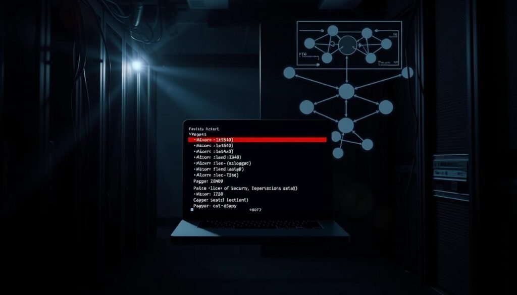 A dimly lit data center, servers and cables in the foreground, casting long shadows. In the middle ground, a laptop screen displays a directory structure with vulnerable file permissions, highlighted by a focused beam of light. In the background, a network diagram with interconnected nodes, suggesting the potential for privilege escalation attacks. The scene conveys a sense of tension and the need for vigilance in securing Linux systems against such vulnerabilities. A dimly lit data center, servers and cables in the foreground, casting long shadows. In the middle ground, a laptop screen displays a directory structure with vulnerable file permissions, highlighted by a focused beam of light. In the background, a network diagram with interconnected nodes, suggesting the potential for privilege escalation attacks. The scene conveys a sense of tension and the need for vigilance in securing Linux systems against such vulnerabilities.