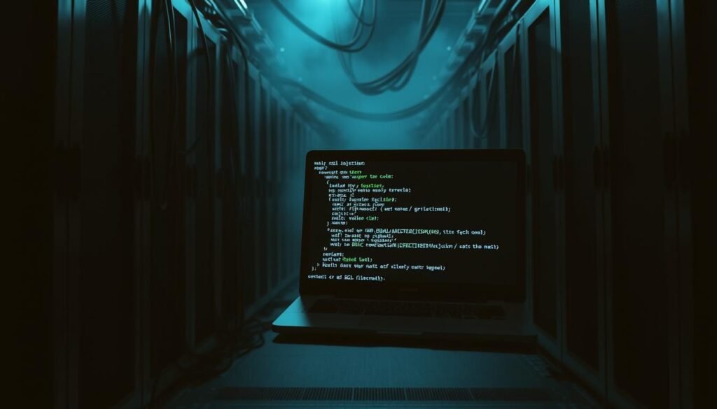 A dimly lit data center, servers and cables in the foreground, casting long shadows. In the middle ground, a laptop screen displays lines of SQL code, highlighting vulnerable sections. The background is shrouded in a hazy, ominous atmosphere, suggesting the potential consequences of unpatched SQL injection flaws. High-contrast lighting creates a sense of tension and urgency, emphasizing the critical nature of the subject matter. The scene conveys the idea of identifying and addressing SQL injection vulnerabilities, a key step in securing web applications.