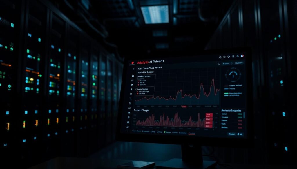 A dimly lit data center, servers humming in the background. In the foreground, a desktop computer screen displays a real-time monitoring dashboard, analyzing system behavior patterns. Highlighted are anomalies - unusual file access, network activity spikes, and process changes, potential signs of a ransomware attack. The scene conveys a sense of vigilance, with advanced analytics algorithms working tirelessly to detect threats before they can cause harm. Dramatic shadows and highlights, a cinematic 35mm lens perspective, creates an atmosphere of high-stakes cybersecurity. A dimly lit data center, servers humming in the background. In the foreground, a desktop computer screen displays a real-time monitoring dashboard, analyzing system behavior patterns. Highlighted are anomalies - unusual file access, network activity spikes, and process changes, potential signs of a ransomware attack. The scene conveys a sense of vigilance, with advanced analytics algorithms working tirelessly to detect threats before they can cause harm. Dramatic shadows and highlights, a cinematic 35mm lens perspective, creates an atmosphere of high-stakes cybersecurity.