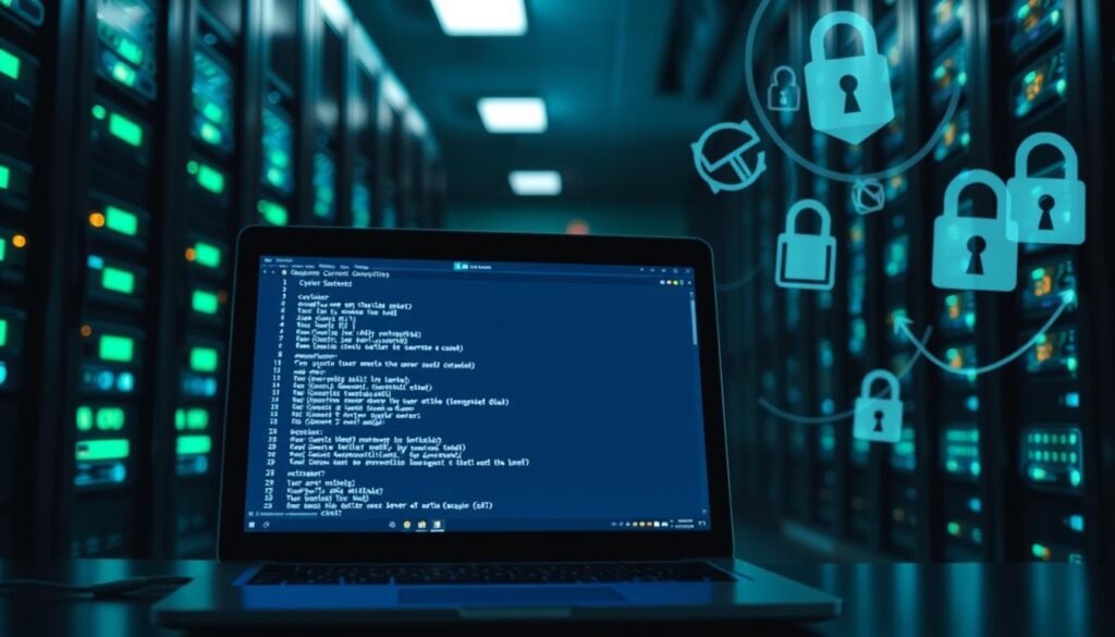 A dimly lit data center, the glow of blinking servers casting an eerie ambiance. In the foreground, a laptop screen displays a secure shell (SSH) connection, the terminal interface bathed in a soft, blue-green hue. The background features a stylized, abstract representation of cybersecurity elements - lock icons, digital padlocks, and subtle binary code patterns, conveying the importance of protecting remote access to the server. The scene is captured with a shallow depth of field, drawing the viewer's attention to the SSH window and the sense of securing a critical system. The overall mood is one of technological sophistication and the need for vigilance in maintaining the integrity of the server infrastructure.