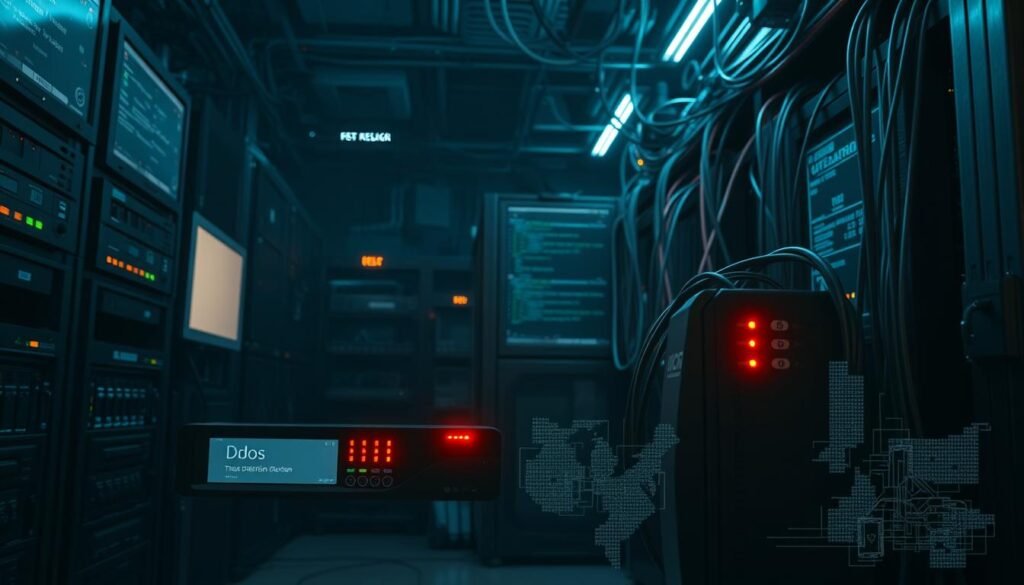 A dimly lit data center, the glow of monitors casting a soft light on a complex arrangement of servers, networking equipment, and security appliances. In the foreground, a sleek, modern DDoS detection appliance with a stylized, angular design, its status indicators blinking steadily. Cables and wires snake across the scene, connecting the various components of the DDoS detection system - network taps, traffic analyzers, and threat intelligence feeds. The background features a subtle heatmap visualization, overlaying the physical infrastructure with real-time data on network traffic patterns and potential anomalies. The overall atmosphere is one of technological sophistication and vigilance, conveying the sense of a comprehensive, proactive DDoS defense system.