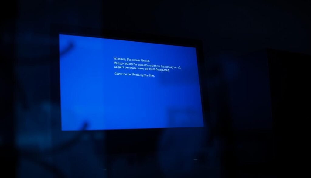 A dimly lit desktop computer screen displaying the iconic Windows blue screen of death, with a detailed error message highlighting the technical nature of the issue. The screen is the focal point, surrounded by a hazy, out-of-focus environment to emphasize the viewer's attention on the BSOD. The lighting is slightly moody, casting dramatic shadows and highlighting the severity of the situation. The overall atmosphere conveys a sense of frustration and the need for troubleshooting to resolve the problem.