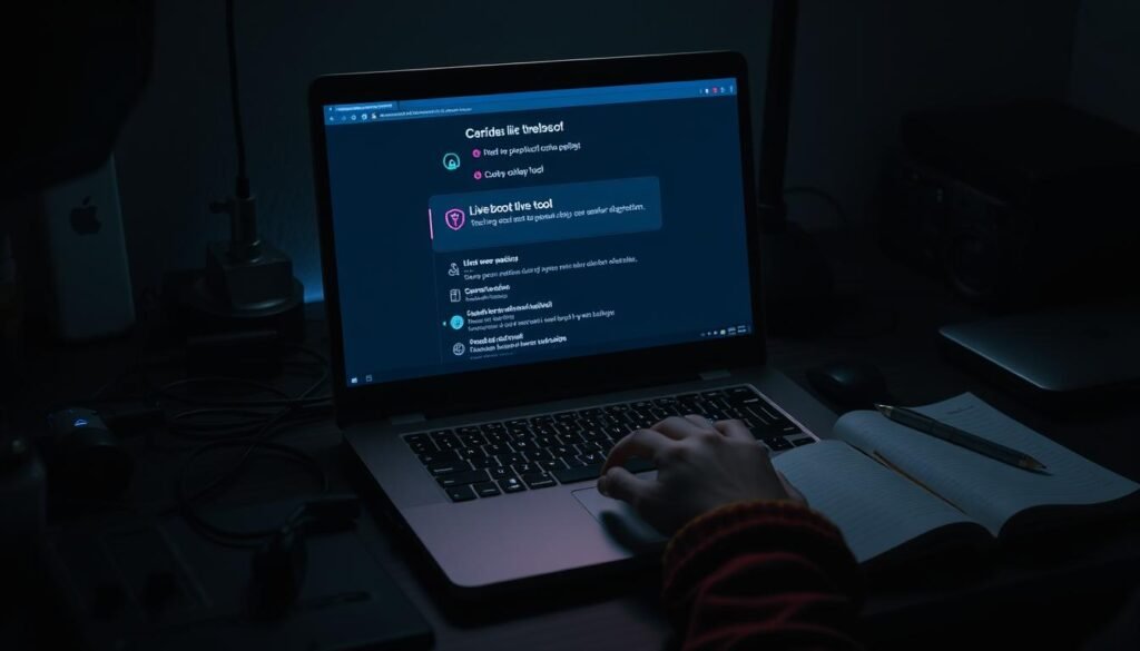 A dimly lit desktop with a sleek, modern laptop displaying a live-boot tool interface. The screen showcases a minimalist design, with a clean layout and easy-to-navigate options for malware detection and removal. The laptop is positioned on a cluttered desk, surrounded by various tech accessories, cables, and an open notebook, conveying a sense of a focused, problem-solving workspace. The lighting is subdued, creating a serious, focused atmosphere, with soft shadows and highlights accentuating the laptop's display and the user's hands interacting with the device. The overall scene suggests a determined, technical approach to addressing persistent spyware issues.