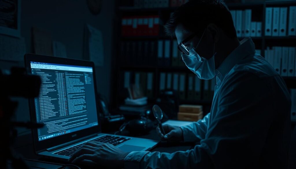 A dimly lit, forensics laboratory setting. In the foreground, a forensics technician closely examines a laptop screen displaying detailed log files. The middle ground shows various forensic tools and equipment, including a high-resolution camera, a digital evidence collection kit, and a magnifying glass. In the background, shelves hold neatly organized binders and folders, suggesting an extensive archive of digital evidence. Soft, directional lighting casts dramatic shadows, emphasizing the seriousness and importance of the task at hand. The overall atmosphere conveys a sense of meticulous attention to detail and unwavering commitment to preserving the integrity of digital forensic data.