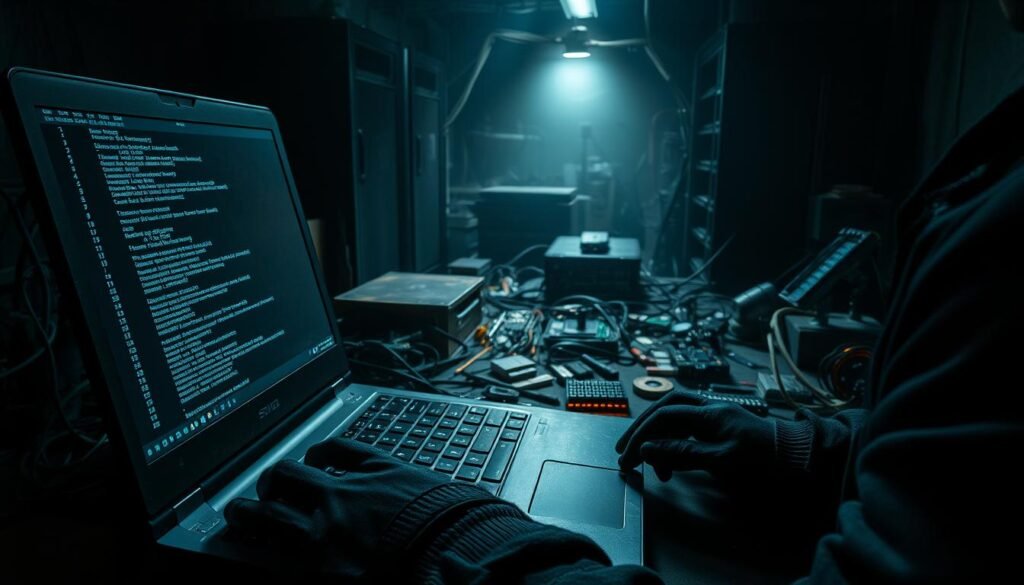 A dimly lit, gritty, and industrial-looking hacking station. In the foreground, a sleek, black laptop with a terminal window open, displaying lines of code and command prompts. The user's hands, clad in black gloves, are intently typing on the keyboard, their face obscured by the laptop's screen. In the middle ground, various electronic components, cables, and tools are scattered across a cluttered desk, creating an atmosphere of technological complexity. The background is hazy, with shadows and highlights suggesting a cramped, shadowy, and clandestine environment, perhaps a dimly lit basement or a hidden corner of a server room. The overall mood is intense, focused, and slightly ominous, conveying the sense of a skilled hacker at work.