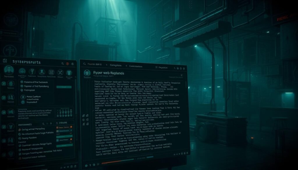 A dimly lit, gritty hacker's forum interface with a dark, ominous atmosphere. In the foreground, a complex reputation system with intricate icons, badges, and numerical scores reflecting forum members' status and credibility. The middle ground features a scrolling thread of cryptic, coded discussions between anonymous users, their avatars and handles obscuring their true identities. In the background, a shadowy network of interconnected forums, each with its own byzantine hierarchy and specialized knowledge, creating an overwhelming sense of the deep, labyrinthine nature of the dark web ecosystem.