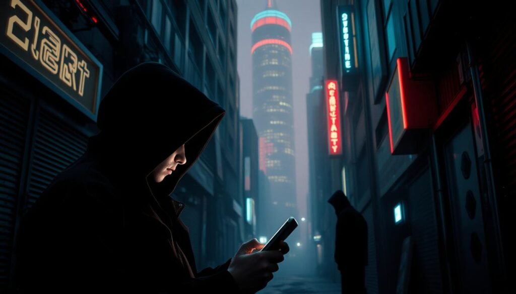 A dimly lit, gritty urban scene with a person in the foreground, their face obscured by a hooded jacket, gazing intently at a smartphone. In the middle ground, a shadowy figure lurks, observing the unsuspecting individual. In the background, a maze of dark alleyways and neon-lit skyscrapers create a sense of unease and vulnerability. The lighting is harsh, casting sharp shadows and highlighting the potential dangers of careless online behavior. A moody, ominous atmosphere pervades the scene, underscoring the perils of social engineering tactics.