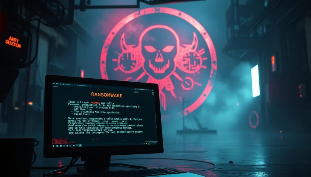 A dimly lit, grungy digital landscape with a massive, ominous ransomware symbol looming in the background. In the foreground, a hacked computer screen displays a ransom note, its garish colors and distorted text conveying a sense of dread and urgency. Flickering glitches and digital artifacts create an atmosphere of technological breakdown, while a hazy, ominous glow bathes the scene in an unsettling light. The overall impression is one of a severe, relentless threat, a cybersecurity nightmare come to life. A dimly lit, grungy digital landscape with a massive, ominous ransomware symbol looming in the background. In the foreground, a hacked computer screen displays a ransom note, its garish colors and distorted text conveying a sense of dread and urgency. Flickering glitches and digital artifacts create an atmosphere of technological breakdown, while a hazy, ominous glow bathes the scene in an unsettling light. The overall impression is one of a severe, relentless threat, a cybersecurity nightmare come to life.