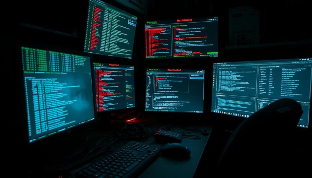 A dimly lit hacker's workstation, bathed in the glow of multiple screens displaying credential logs and stolen data. In the foreground, a keyboard and mouse lay amidst a jumble of cables, invoking a sense of frenetic activity. The middle ground features various windows showcasing transaction histories, account details, and other illicit goods on offer, hinting at the thriving black market. The background is shrouded in shadow, suggesting the clandestine nature of this digital underworld. The overall atmosphere is one of secrecy, risk, and the lucrative trade in personal information and digital assets.
