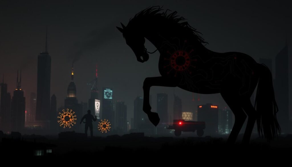 A dimly lit, high-contrast cyberpunk scene depicting various types of trojan malware. In the foreground, a menacing, shadowy figure representing a trojan horse, its body made up of intricate lines and glowing circuit-like patterns. In the middle ground, smaller, abstract trojan shapes in the form of viruses, worms, and backdoors, each with their own distinct visual characteristics. The background is a hazy, neon-tinged cityscape, with skyscrapers and towers representing the targets of these digital threats. The overall atmosphere is one of unease, danger, and the ominous presence of unseen, malicious forces lurking within the digital landscape.
