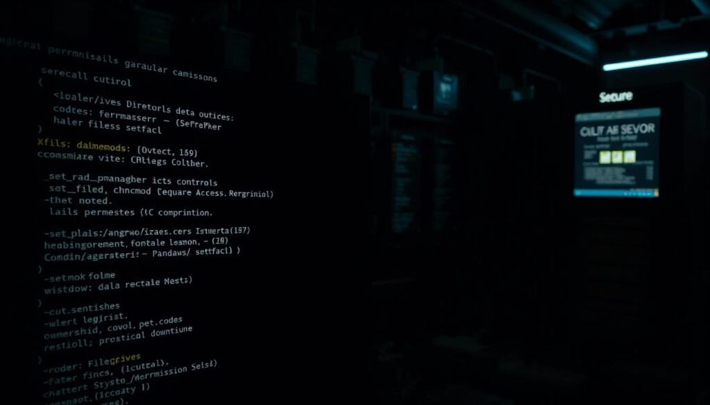 A dimly lit, high-contrast scene depicting the secure management of file and directory permissions in a Linux operating system. In the foreground, a terminal window displays command-line tools for setting granular access controls, such as `chmod`, `chown`, and `setfacl`. The middle ground features a file manager window, showcasing the visual representation of permissions and ownership. In the background, a secure server or workstation, its display illuminated by a soft, ambient glow, symbolizing the overall system's robust security posture. The scene conveys a sense of technical precision, attention to detail, and the importance of implementing best practices for secure permission management in a Linux environment.
