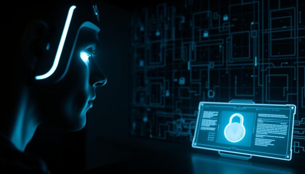 A dimly lit, high-tech authentication interface. In the foreground, a sleek biometric scanner awaits a fingerprint or iris scan, casting a soft glow across the user's face. The middle ground features a holographic display panel, its crisp, translucent UI elements hovering above a matte black surface. In the background, a matrix of lines and glyphs projects an aura of digital security, hinting at the complex authentication protocols at work. Dramatic shadows and highlights sculpt the scene, creating a sense of depth and mystery. The overall atmosphere conveys the secure, yet accessible nature of a robust authentication process.