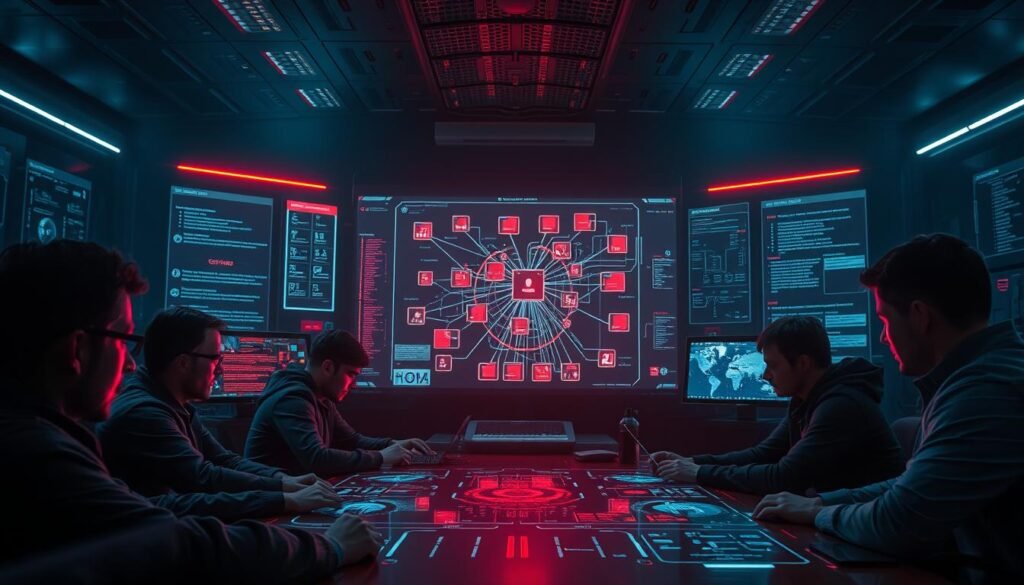 A dimly lit, high-tech command center with holographic displays and sleek, futuristic interfaces. In the foreground, a team of cybersecurity experts analyze a series of complex data visualizations, their expressions intense and focused. The middle ground features a large, central screen showcasing a detailed network topology, with potential vulnerabilities and attack vectors highlighted in vivid shades of red. The background is shrouded in an ominous, moody atmosphere, with subtle lighting that casts dramatic shadows, conveying the gravity and importance of the team's findings. The overall scene evokes a sense of urgency, professionalism, and the critical role of red team assessments in safeguarding digital systems.