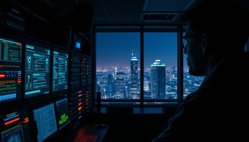 A dimly lit, high-tech cybersecurity command center. In the foreground, a person intently monitoring multiple screens, their face illuminated by the glow of digital displays. The middle ground features an array of server racks, blinking lights, and intricate cabling. In the background, a panoramic window reveals a nighttime cityscape, symbolizing the remote, global nature of cybersecurity work. The scene conveys a sense of urgency, focus, and the growing demand for skilled professionals to protect digital assets from ever-evolving threats.