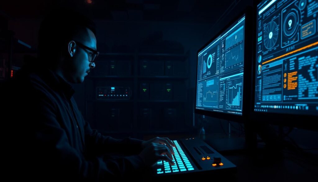 A dimly lit, high-tech cybersecurity workspace. In the foreground, a skilled cybersecurity professional types rapidly on a sleek, minimalist keyboard, their face illuminated by the glow of multiple monitors displaying complex data visualizations and security dashboards. In the middle ground, shelves lined with networking equipment, servers, and cybersecurity tools cast long shadows, creating a sense of depth and technical complexity. The background is shrouded in a moody, atmospheric haze, conveying the high-stakes, fast-paced nature of the cybersecurity field. The overall scene evokes a sense of focused intensity, technical mastery, and the critical importance of cybersecurity skills in the modern digital landscape. A dimly lit, high-tech cybersecurity workspace. In the foreground, a skilled cybersecurity professional types rapidly on a sleek, minimalist keyboard, their face illuminated by the glow of multiple monitors displaying complex data visualizations and security dashboards. In the middle ground, shelves lined with networking equipment, servers, and cybersecurity tools cast long shadows, creating a sense of depth and technical complexity. The background is shrouded in a moody, atmospheric haze, conveying the high-stakes, fast-paced nature of the cybersecurity field. The overall scene evokes a sense of focused intensity, technical mastery, and the critical importance of cybersecurity skills in the modern digital landscape.