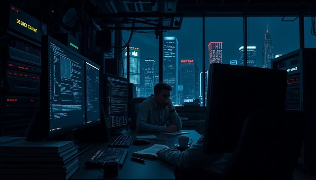 A dimly lit, high-tech cybersecurity workspace. In the foreground, a sleek, dark desktop computer with multiple monitors displaying complex code and data visualizations. Beside it, a stack of reference books and a coffee mug, hinting at the diligence and focus required. In the middle ground, a person sitting at the desk, their face obscured, deeply immersed in their work, surrounded by the glow of screens. The background is filled with sophisticated networking equipment, blinking lights, and a stylized, futuristic cityscape visible through the window, conveying the scale and importance of the cybersecurity field. The overall atmosphere is one of intensity, dedication, and the constant challenge of safeguarding digital systems.