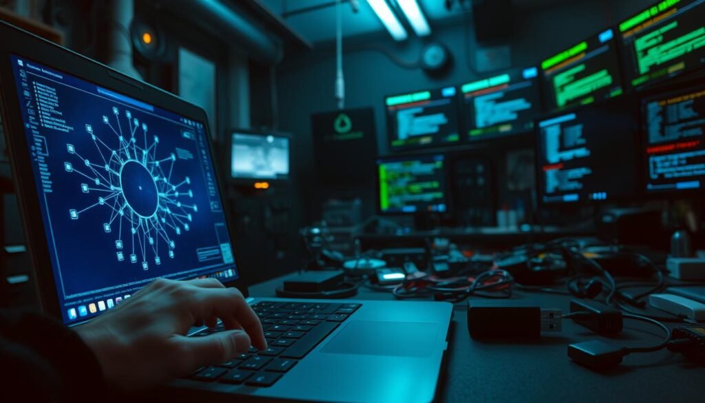 A dimly lit, high-tech laboratory setting. In the foreground, a laptop screen displays a complex network diagram, with various nodes and connections. A hacker's hand hovers over the keyboard, poised to execute a penetration testing script. Soft blue and green hues emanate from the display, casting an eerie glow on the scene. In the middle ground, an array of specialized tools and equipment, including a wireless network adapter and a USB drive, are neatly arranged on a cluttered workbench. The background features a wall of monitors displaying real-time data and security alerts, conveying a sense of the hacker's deep understanding of cybersecurity and their focus on probing and testing system vulnerabilities. A dimly lit, high-tech laboratory setting. In the foreground, a laptop screen displays a complex network diagram, with various nodes and connections. A hacker's hand hovers over the keyboard, poised to execute a penetration testing script. Soft blue and green hues emanate from the display, casting an eerie glow on the scene. In the middle ground, an array of specialized tools and equipment, including a wireless network adapter and a USB drive, are neatly arranged on a cluttered workbench. The background features a wall of monitors displaying real-time data and security alerts, conveying a sense of the hacker's deep understanding of cybersecurity and their focus on probing and testing system vulnerabilities.