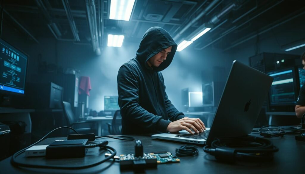 A dimly lit, high-tech laboratory with sleek, modern equipment and workstations. In the foreground, a person in a hoodie and dark clothing is intently focused on a laptop screen, their fingers flying across the keyboard. On the desk, various tools and devices like USB hubs, network cables, and a Raspberry Pi board are scattered, hinting at the process of ethical hacking. The background is hazy, with a sense of tension and concentration, conveying the seriousness and importance of the task at hand. Dramatic lighting casts shadows, adding depth and a sense of mystery to the scene. The overall atmosphere is one of strategic, methodical investigation, reflecting the essential skills required for responsible, legal hacking. A dimly lit, high-tech laboratory with sleek, modern equipment and workstations. In the foreground, a person in a hoodie and dark clothing is intently focused on a laptop screen, their fingers flying across the keyboard. On the desk, various tools and devices like USB hubs, network cables, and a Raspberry Pi board are scattered, hinting at the process of ethical hacking. The background is hazy, with a sense of tension and concentration, conveying the seriousness and importance of the task at hand. Dramatic lighting casts shadows, adding depth and a sense of mystery to the scene. The overall atmosphere is one of strategic, methodical investigation, reflecting the essential skills required for responsible, legal hacking.