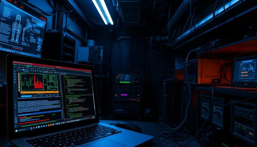 A dimly lit, high-tech laboratory with various digital devices and screens displaying complex data visualizations. In the foreground, a laptop screen shows a detailed malware behavior analysis, with intricate graphs, code snippets, and system logs. The middle ground features various cybersecurity tools and hardware, such as network switches, routers, and servers, all connected by a tangle of cables. The background depicts a shadowy, ominous atmosphere, hinting at the potential dangers and threats that the malware analysis aims to uncover. The lighting is a mix of cool, blue tones and warm, amber hues, creating a sense of tension and urgency. The overall scene conveys the meticulous, technical process of dissecting and understanding malware behavior within a controlled, sandbox environment. A dimly lit, high-tech laboratory with various digital devices and screens displaying complex data visualizations. In the foreground, a laptop screen shows a detailed malware behavior analysis, with intricate graphs, code snippets, and system logs. The middle ground features various cybersecurity tools and hardware, such as network switches, routers, and servers, all connected by a tangle of cables. The background depicts a shadowy, ominous atmosphere, hinting at the potential dangers and threats that the malware analysis aims to uncover. The lighting is a mix of cool, blue tones and warm, amber hues, creating a sense of tension and urgency. The overall scene conveys the meticulous, technical process of dissecting and understanding malware behavior within a controlled, sandbox environment.