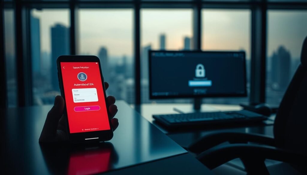 A dimly lit, high-tech office scene. In the foreground, a smartphone displaying a two-factor authentication (2FA) login screen, its screen illuminating the user's face. The smartphone rests on a sleek, metallic desk, surrounded by subtle shadows. In the middle ground, a desktop computer monitor shows a secure login page, conveying the importance of 2FA. The background features a blurred cityscape visible through a large window, evoking a sense of privacy and protection. Soft, directional lighting casts dramatic shadows, heightening the atmosphere of digital security. The overall mood is one of technological sophistication and the reassuring presence of robust authentication measures.