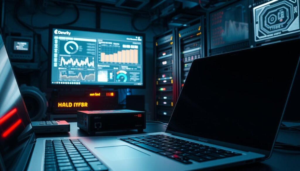 A dimly lit, high-tech workspace filled with an array of security tools. In the foreground, a sleek, metallic laptop and a keyboard with specialized function keys. Beside it, a compact network device with blinking status lights, conveying a sense of real-time monitoring. In the middle ground, a large display screen showcases a cybersecurity dashboard, with intricate graphs and visualizations. Behind this, a rack of servers and networking equipment, casting a subtle glow from their indicator lights. The overall atmosphere is one of focused, professional vigilance, hinting at the critical role these tools play in safeguarding digital assets. A dimly lit, high-tech workspace filled with an array of security tools. In the foreground, a sleek, metallic laptop and a keyboard with specialized function keys. Beside it, a compact network device with blinking status lights, conveying a sense of real-time monitoring. In the middle ground, a large display screen showcases a cybersecurity dashboard, with intricate graphs and visualizations. Behind this, a rack of servers and networking equipment, casting a subtle glow from their indicator lights. The overall atmosphere is one of focused, professional vigilance, hinting at the critical role these tools play in safeguarding digital assets.