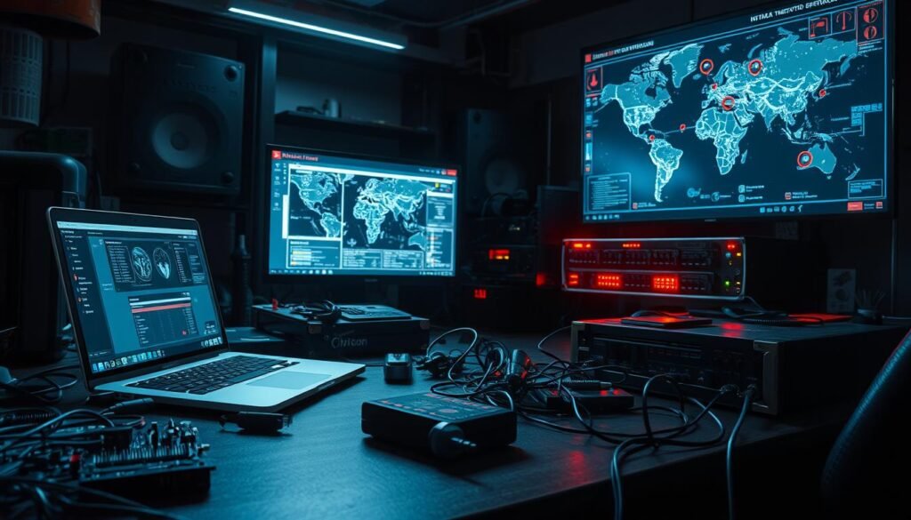 A dimly lit, high-tech workspace with an array of cybersecurity detection tools on a cluttered desk. In the foreground, a laptop displays a network monitoring dashboard, its screen casting a bluish glow. Nearby, a collection of hardware probes, network sniffers, and forensic analysis equipment lies scattered, hinting at the ongoing investigation. The middle ground features a sophisticated intrusion detection system, its sleek design and blinking LEDs conveying a sense of vigilance. In the background, a large monitor displays a real-time threat map, its ominous red markers highlighting potential points of vulnerability. The overall atmosphere is one of intense focus and urgency, reflecting the critical nature of initial access detection in the cyber kill chain. A dimly lit, high-tech workspace with an array of cybersecurity detection tools on a cluttered desk. In the foreground, a laptop displays a network monitoring dashboard, its screen casting a bluish glow. Nearby, a collection of hardware probes, network sniffers, and forensic analysis equipment lies scattered, hinting at the ongoing investigation. The middle ground features a sophisticated intrusion detection system, its sleek design and blinking LEDs conveying a sense of vigilance. In the background, a large monitor displays a real-time threat map, its ominous red markers highlighting potential points of vulnerability. The overall atmosphere is one of intense focus and urgency, reflecting the critical nature of initial access detection in the cyber kill chain.