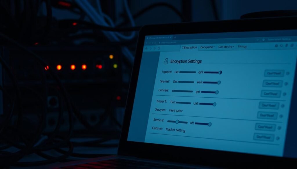 A dimly lit home network hub, its LED indicators flickering softly, surrounded by a tangle of cables and ethernet ports. In the foreground, a laptop screen displays a detailed encryption settings interface, with sliders, toggles, and dropdown menus for configuring network security protocols. The scene has a sense of focus and concentration, conveying the importance of carefully optimizing IoT device protection. Soft shadows and muted colors create an atmosphere of technical proficiency and attention to detail. A dimly lit home network hub, its LED indicators flickering softly, surrounded by a tangle of cables and ethernet ports. In the foreground, a laptop screen displays a detailed encryption settings interface, with sliders, toggles, and dropdown menus for configuring network security protocols. The scene has a sense of focus and concentration, conveying the importance of carefully optimizing IoT device protection. Soft shadows and muted colors create an atmosphere of technical proficiency and attention to detail.