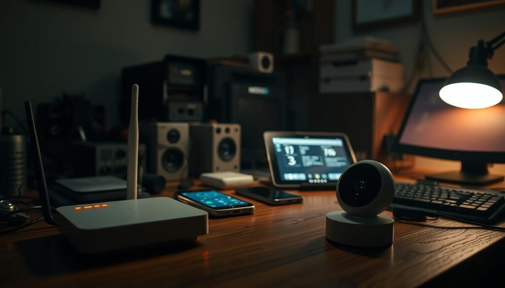 A dimly lit home office setting, with various IoT devices scattered on a wooden desk. In the foreground, a smart home hub, a wireless security camera, and a connected thermostat are visible, their status lights blinking and casting a soft glow. In the middle ground, a smartphone and a tablet display data from the connected devices. The background is hazy, with shadows and hints of other electronic equipment, suggesting a network of interconnected gadgets. The mood is one of curiosity and concern, hinting at the potential vulnerabilities that may be lurking within this IoT ecosystem. The lighting is dramatic, creating a sense of unease and the need for closer inspection. A dimly lit home office setting, with various IoT devices scattered on a wooden desk. In the foreground, a smart home hub, a wireless security camera, and a connected thermostat are visible, their status lights blinking and casting a soft glow. In the middle ground, a smartphone and a tablet display data from the connected devices. The background is hazy, with shadows and hints of other electronic equipment, suggesting a network of interconnected gadgets. The mood is one of curiosity and concern, hinting at the potential vulnerabilities that may be lurking within this IoT ecosystem. The lighting is dramatic, creating a sense of unease and the need for closer inspection.