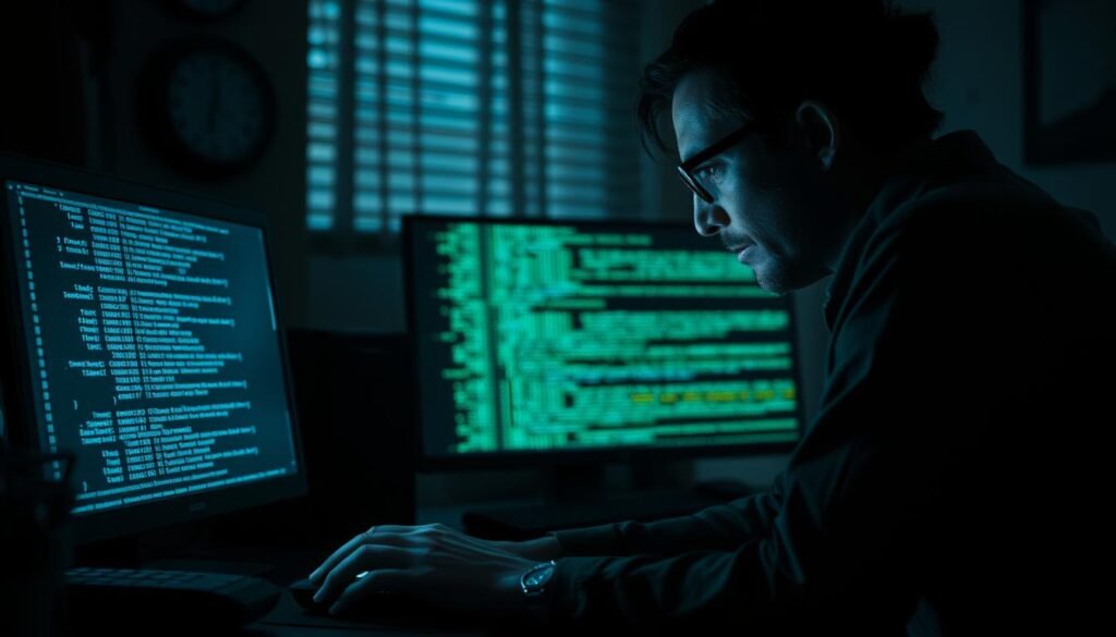 A dimly lit home office, the desktop illuminated by the glow of a computer screen. On the display, a disassembled binary file, its intricate code unraveling like a digital tapestry. The analyst, a keen-eyed professional, leans in, scrutinizing the patterns, searching for clues that will unveil the malware's inner workings. The room is quiet, save for the occasional click of the mouse and the soft hum of the machine, as the reverse engineering process unfolds, step by step, revealing the secrets of this digital adversary.