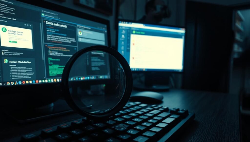 A dimly lit home office, the glow of a computer monitor casting shadows across the desk. In the foreground, a magnifying glass hovers over the keyboard, its lens revealing the intricate mechanisms and wires of a hidden keylogger device. The middle ground shows various security tools and antivirus software open on the screen, their interfaces displaying alerts and scan results. In the background, a shadowy figure stands vigilant, carefully scrutinizing the computer's activities, determined to uncover and eliminate any trace of the malicious keylogging threat.