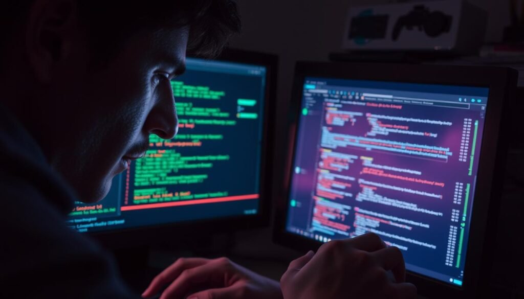 A dimly lit home office, the glow of a computer screen illuminating the face of a focused network administrator. On the screen, the Wireshark interface displays a complex web of network traffic, colors and packets dancing across the display. The administrator's brow is furrowed in concentration, their fingers deftly navigating the software's menus and filters, unraveling the mysteries of the network. The scene is bathed in a soft, ambient light, creating an atmosphere of contemplation and problem-solving. The camera angle is close, emphasizing the intensity of the task at hand, the administrator's expertise and dedication to resolving the network issues visible in the Wireshark interface.
