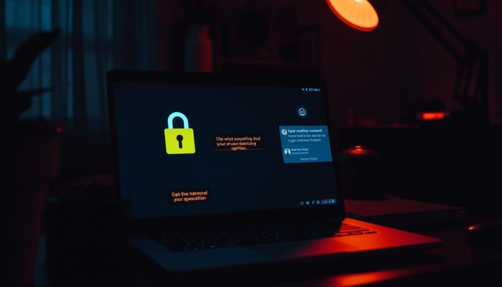 A dimly lit home office, the glow of a laptop screen casting eerie shadows. On the screen, a series of unsettling icons: a padlock with a warning sign, a suspicious network connection, and an alert for unauthorized login attempts. The atmosphere is tense, evoking a sense of unease and the need for vigilance. The lighting is moody, with a mix of warm and cool tones, creating an ominous and foreboding mood. The composition is balanced, with the laptop screen taking center stage, surrounded by subtle details that highlight the warning signs of a compromised social media account. The overall image conveys a clear message: be aware of the telltale signs that your online presence may have been breached.