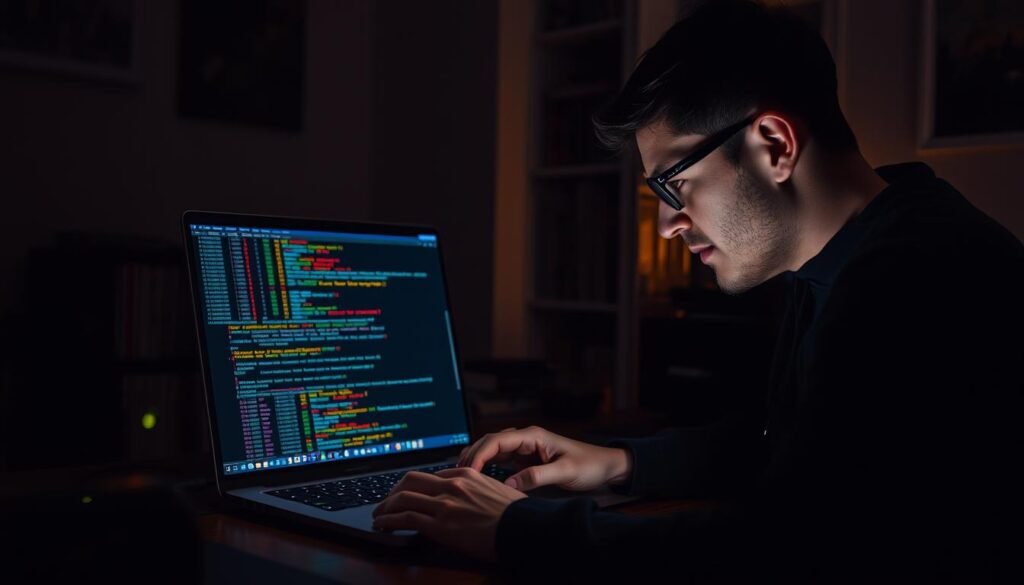 A dimly lit home office, the glow of a laptop screen illuminating a focused researcher's face. On the desk, a network adapter and Wireshark software open, displaying a colorful tapestry of network packets. The room is tidy, with a bookshelf in the background hinting at the user's technical expertise. Soft, warm lighting creates an atmosphere of concentration and analysis, as the researcher meticulously examines the network traffic, ready to uncover insights that will aid in understanding and troubleshooting the system.
