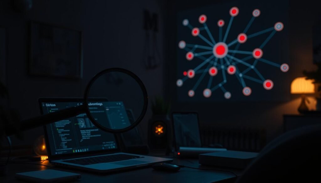 A dimly lit home office, with a laptop and various IoT devices visible on the desk. A magnifying glass hovers over the devices, casting a focused light and revealing their details. In the background, a network diagram shows interconnected nodes, some highlighted in red to indicate potential vulnerabilities. The scene conveys a sense of investigation and focus, as the user examines the IoT devices to identify and prioritize potential risks before they can be exploited. A dimly lit home office, with a laptop and various IoT devices visible on the desk. A magnifying glass hovers over the devices, casting a focused light and revealing their details. In the background, a network diagram shows interconnected nodes, some highlighted in red to indicate potential vulnerabilities. The scene conveys a sense of investigation and focus, as the user examines the IoT devices to identify and prioritize potential risks before they can be exploited.